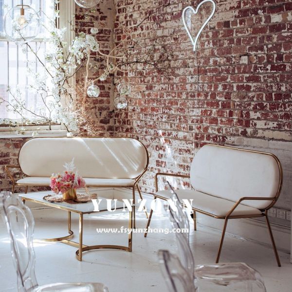 Minimalist White Velvet Arm Sofa with Gold Frame Leather Soft Cushion for Bride and Groom Wedding Stage for Events Banquets