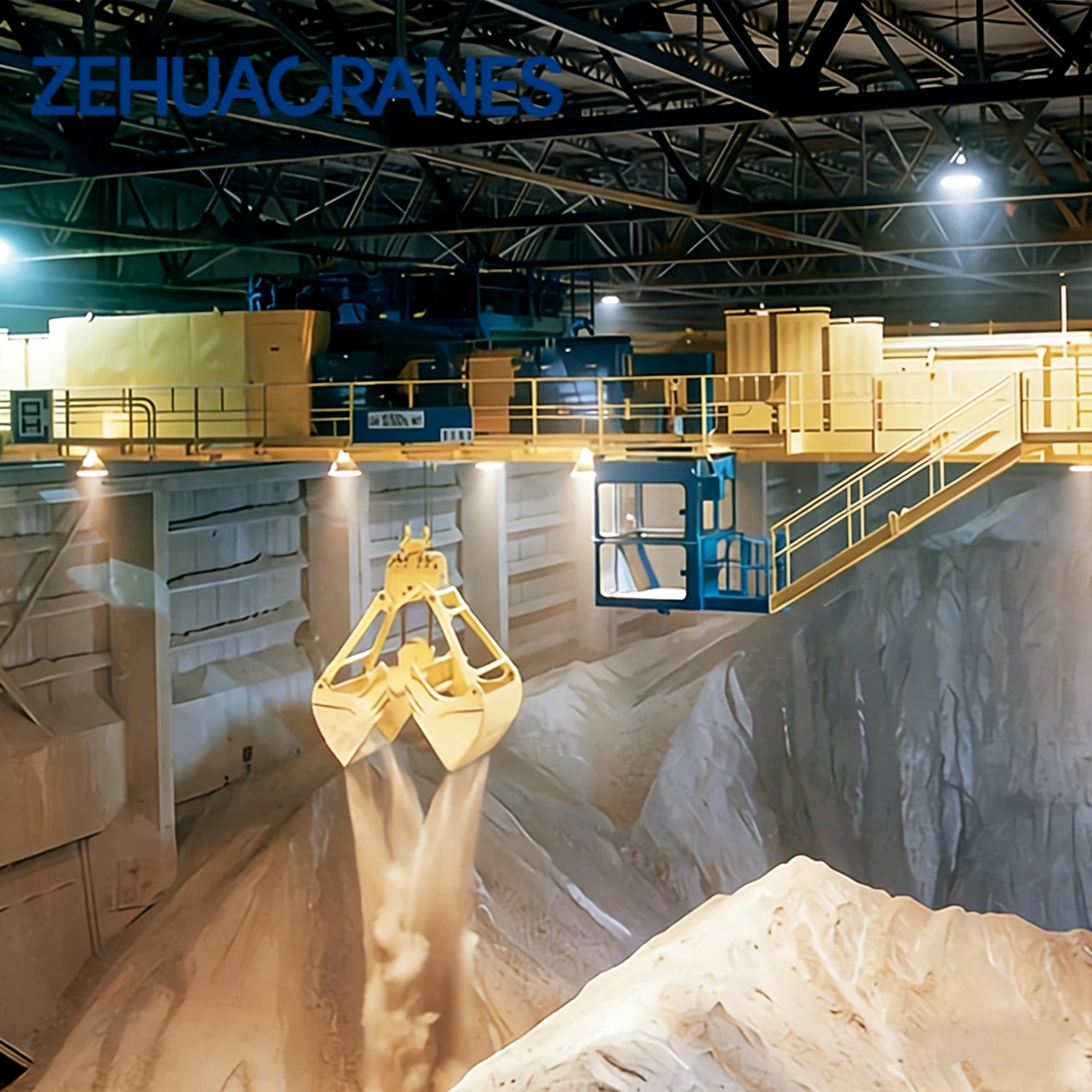 Zehua Intelligent Double Girder Overhead Crane Clamshell Grab for Cement Handling Customizable Lifting Capacity Span PLC Control