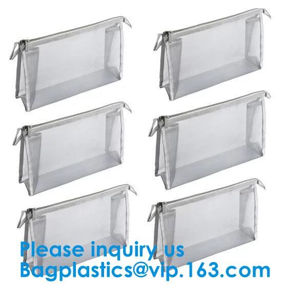 Travel Toiletry PouchCustom Small Portable White Mesh Zipper Cosmetic Bag With Leather Trim/Ladies Eco Makeup Hand Bag