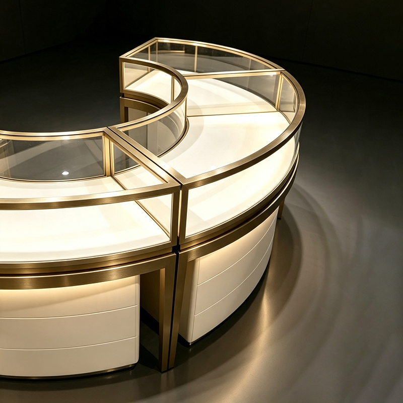 C-Shaped Curved Jewelry Island Showcase with Brushed Gold Frame and Leather-Wrapped Base Display Counter