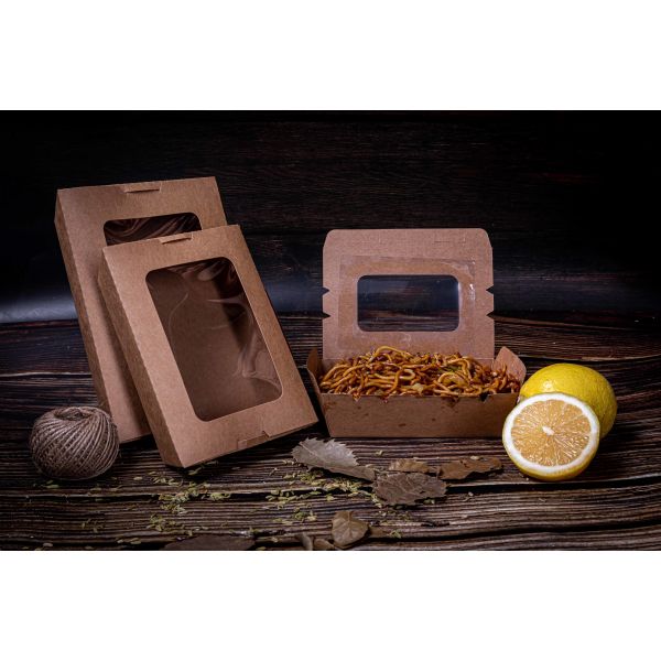 Kraft Paper Take Away Box with Window in 150*100*37mm and 170*118*45mm Sizes for Food Packaging