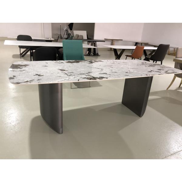 High Quality Luxury Large 8 Seater Italian Metal Stainless Steel Leg Ceramic Tile Marble Top Rectangle Shape Dining Table Set