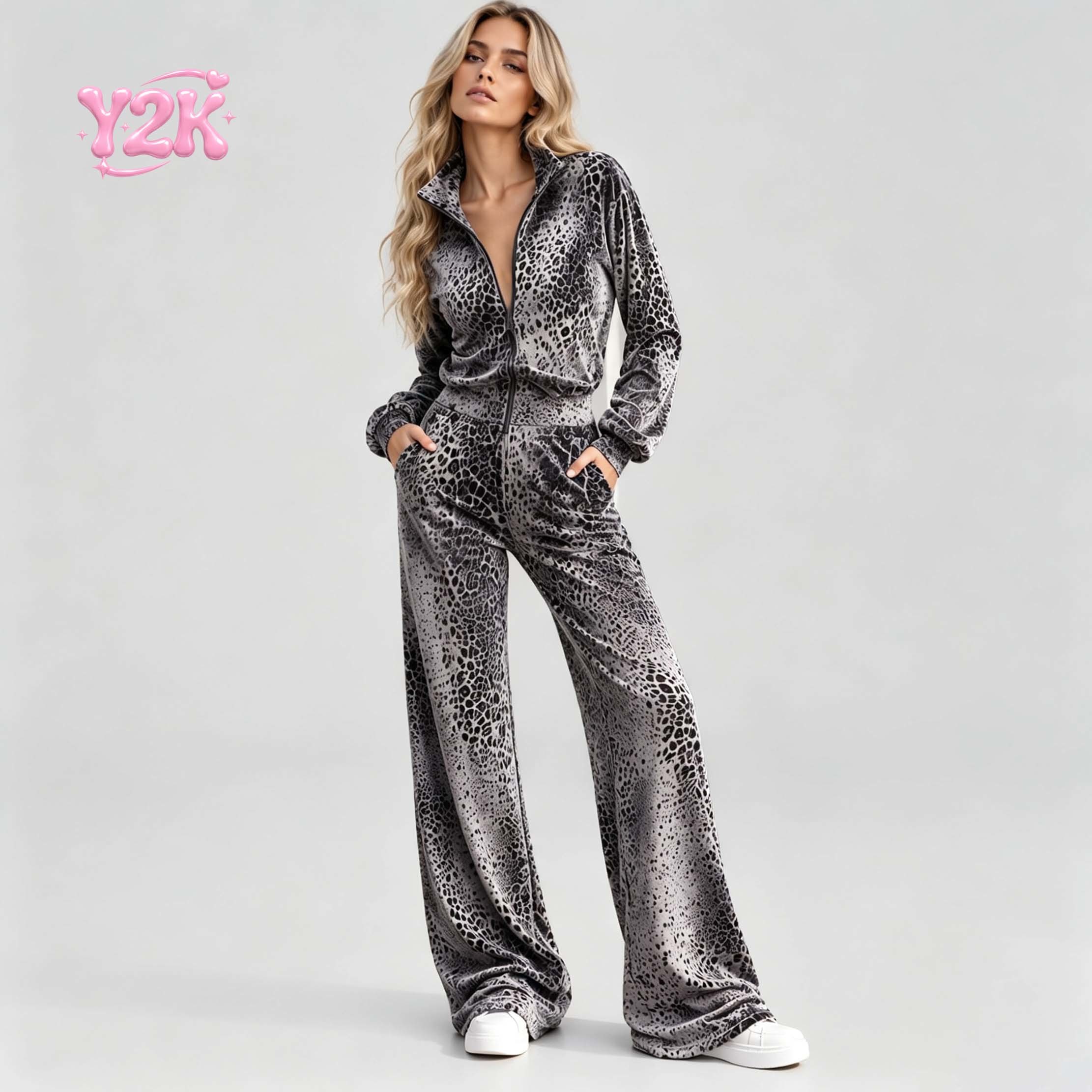Custom Women Leopard Print Velvet Tracksuit Zip Jacket Wide Leg Pants Y2K Casual Lounge Streetwear Matching Two Piece Outfit Set