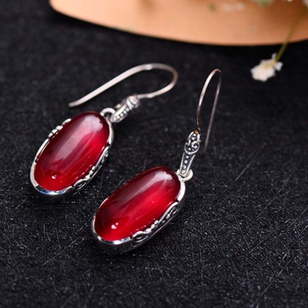 Sterling 925 Silver Retro Oval Synthetic Ruby Drop Dangle Earrings (049012)