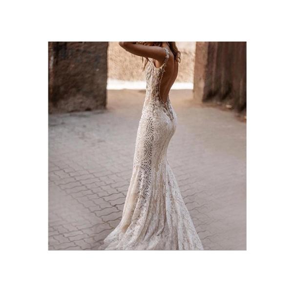 Fashion Mermaid Wedding Dress Deep V Neck Sleeveless Backless Beading