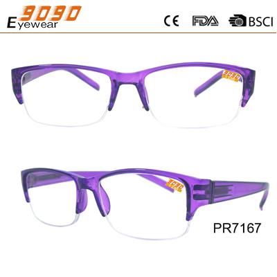Fashionable half rim reading glasses,power range +1.0 to +4.00,made of plastic
