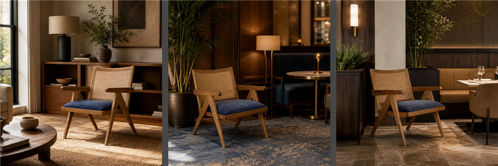High Stability Solid Wood Lounge Chair With Cane Backrest And Upholstered Seat