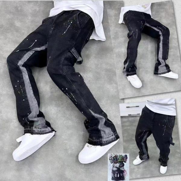 High Street Men's Straight Jeans with Printed Design and Slight Flare in Dark Wash