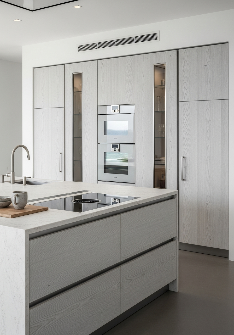 Whitewashed Ash Grain Kitchen Cabinet in 304 Stainless Steel