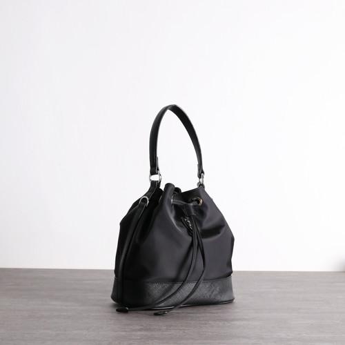 Head Layer Leather Womens Leather Bag 22cm Black Drawstring Bucket Bag