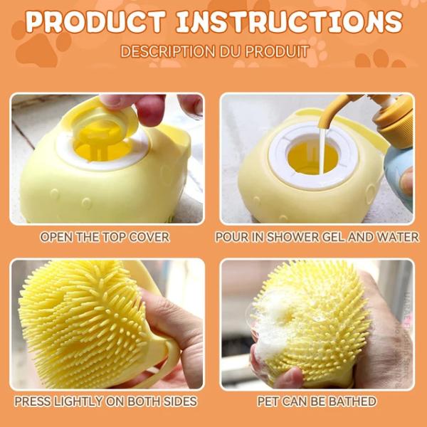 2-in-1 Pet Shower Brush with Shampoo Dispenser - Soft Silicone Massage Grooming Tool for Dogs and Cats