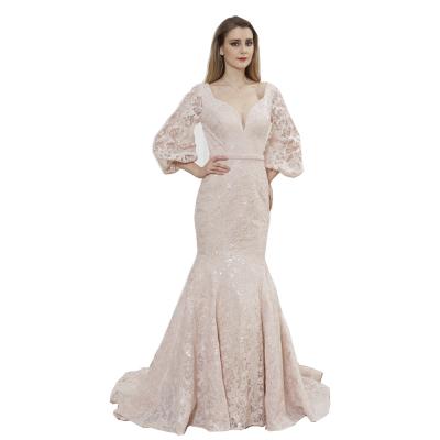 Three Quarter Sleeve Sexy Women Arabic Wedding Party Dresses Mermaid Style