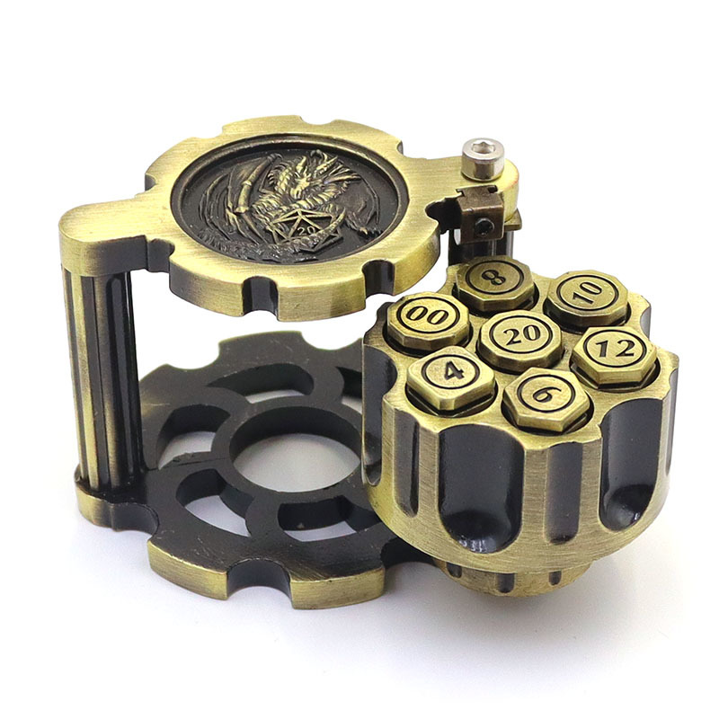 Rotatable Revolver Cylinder Metal Dice Set with Antique Bronze Zinc Alloy Bullet Shaped Polyhedral Dice for RPG Games