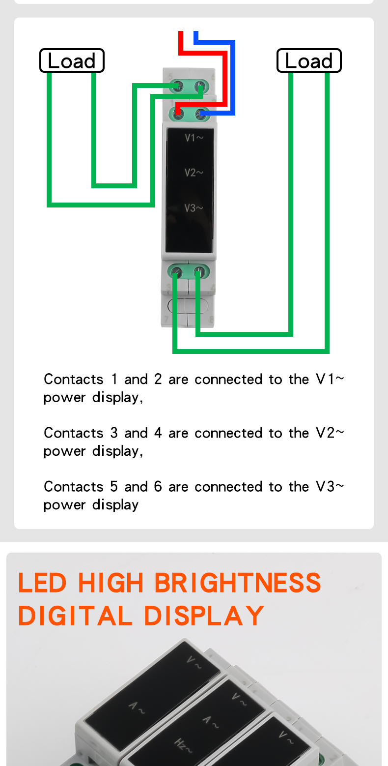 DIN Rail Mount Three Phase Mini Voltmeter AC 80-500V 0-100A Ammeter LED Digital Display IP65 Rated ABS Material Frequency Meter