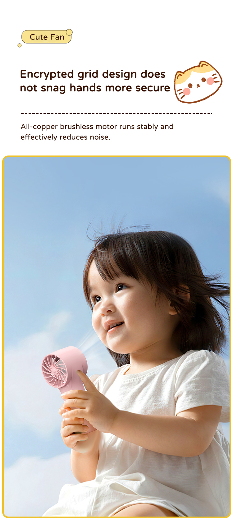 Rechargeable Kids-Safe Design Quiet Cute Cartoon Pig/Cat/Chicken Kids Handheld Fan with 1200mAh Battery