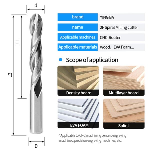 YingBa Manufacturer Solid Carbide 2 Flutes  Ball End Milling Cutter Round Spherical Ball Nose Milling Cutter for Wood
