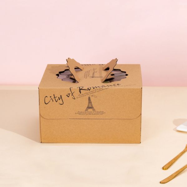 Kraft Paper Cake Box Single Layer Disposable Birthday Packaging 4 14 Inch Sizes Handle Carry Design City Skyline Pattern Eco Friendly Bakery Box