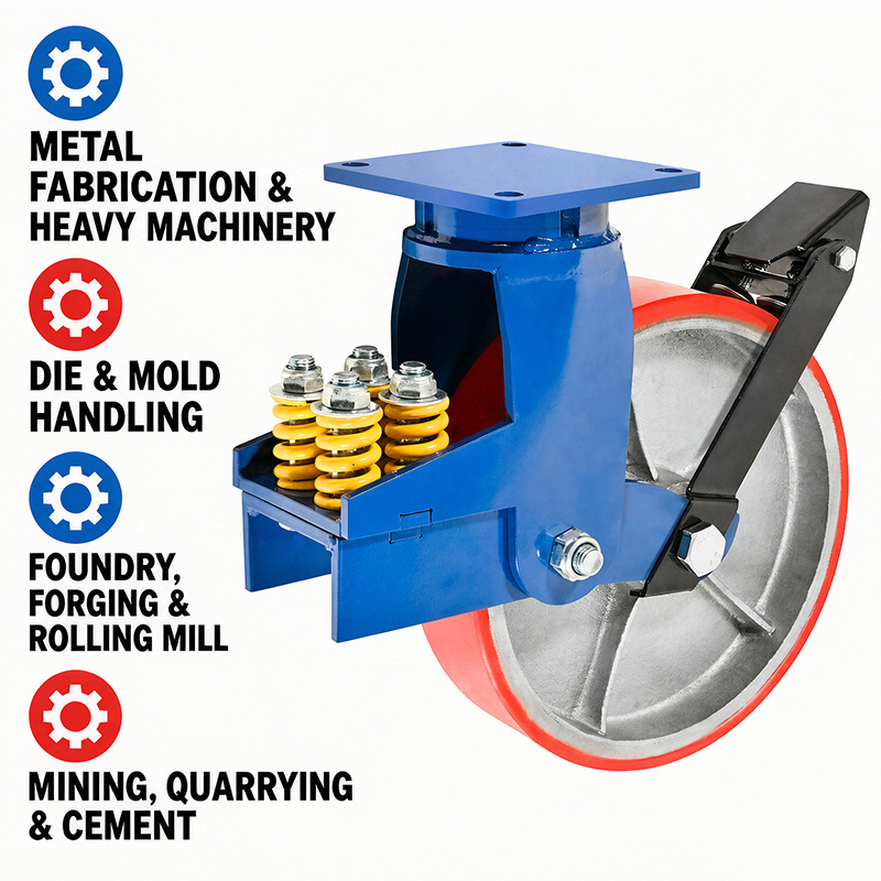 Super Heavy Duty Flat Iron Core Caster 2,500 Kg Loading Rigid / Swivel / Brake