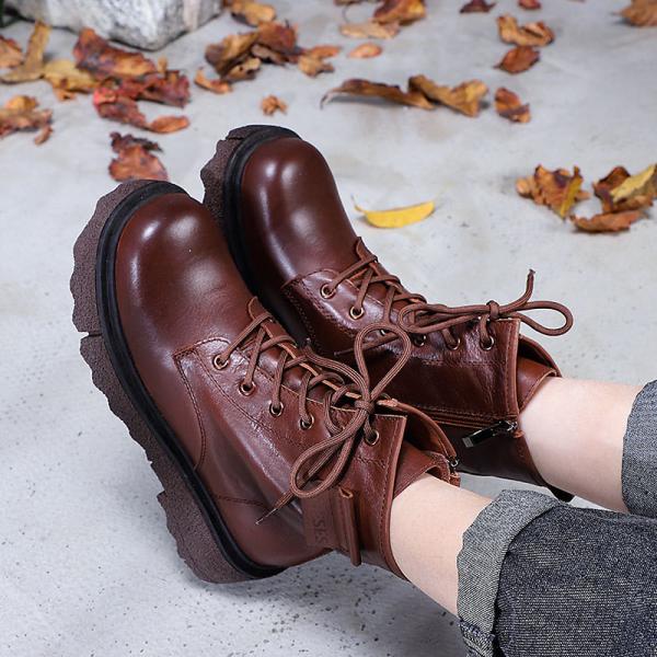 HZM040 Single Shoes Women'S Spring New Thick Heel Pointed Literary Single Shoes Retro Soft Leather Mules Leather Shoes W