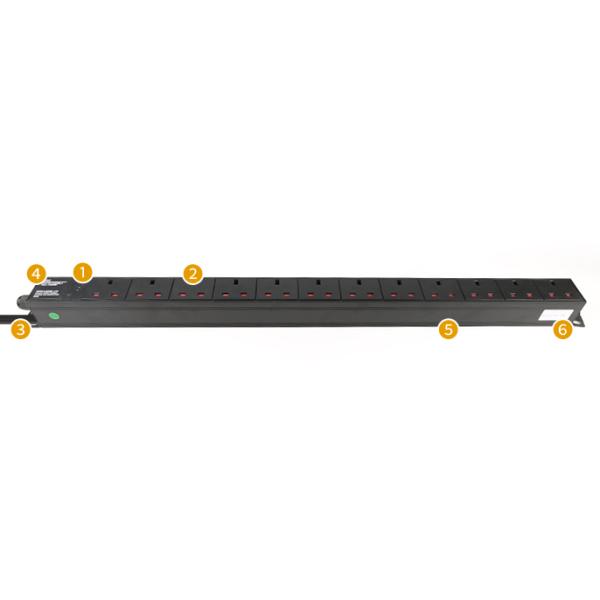 1U 12 way Cabinet PDU with Power Light 250V, 13A UK