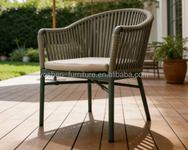 Modern Handwoven Rope Lounge Chair with Matching Cushion Set Black Frame for Hotel Resort Villa