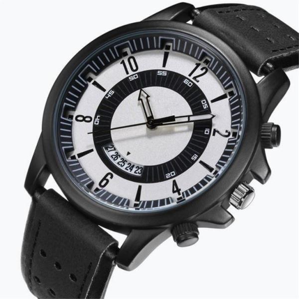 Quartz Movement Large Dial Mens Wrist Watches Black Casual Watches Leather Straps 23cm