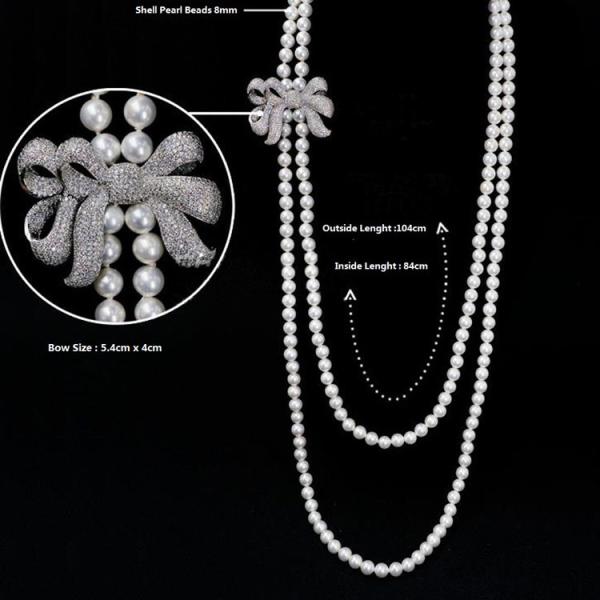Women White Shell Pearl Double Strands Sweater Necklace with Cubic Zirconia Bow Charm (SN702143BOW)