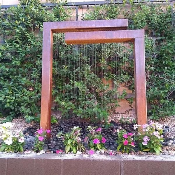 Outdoor L Shaped Corten Steel Water Feature waterfall With LED Light