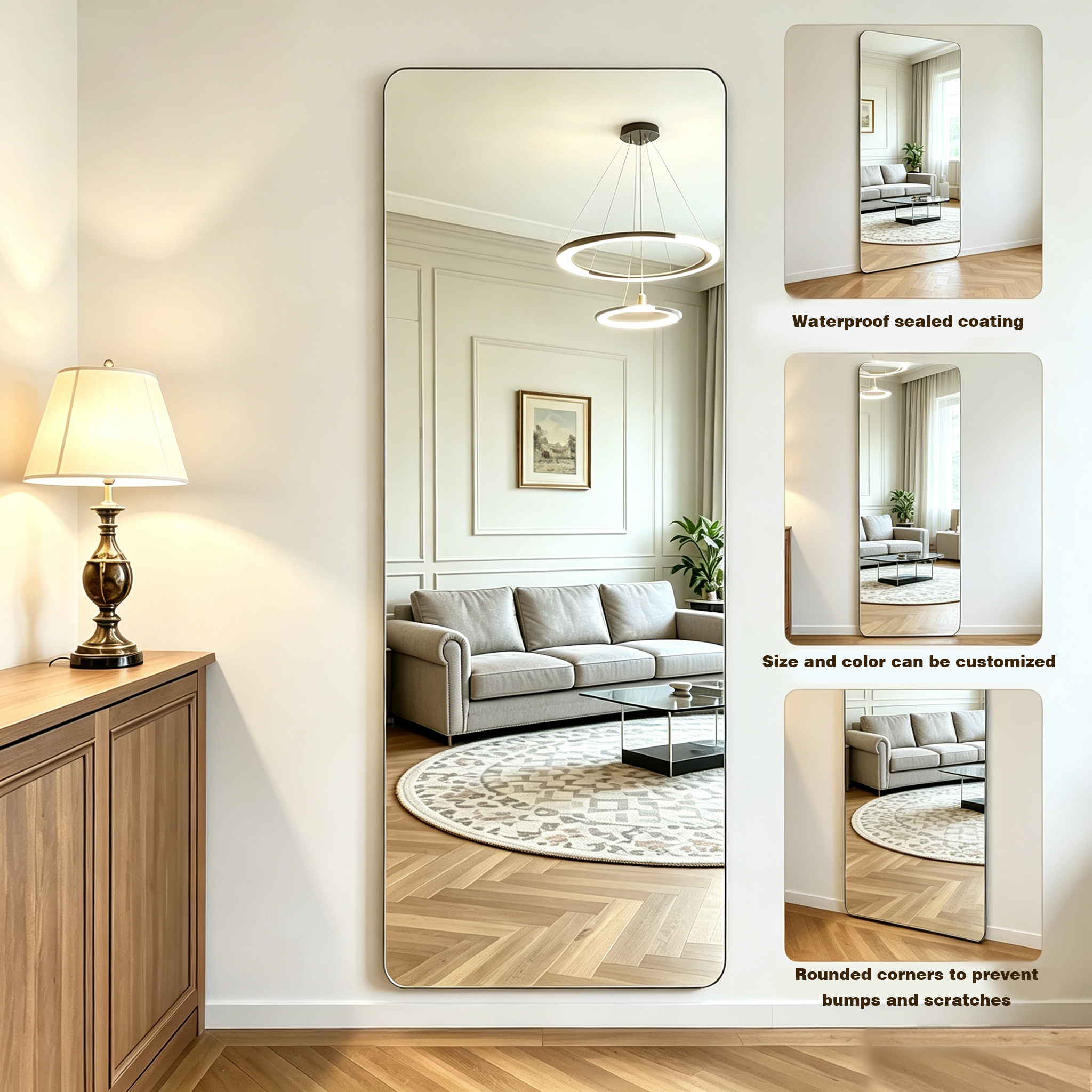 Rounded Corner Full Length Acrylic Mirror, Shatterproof Wall Mounted Plastic Body Mirror, Large Size Frameless Acrylic Floor Mirror For Bedroom Dorm Home Decor Custom Size