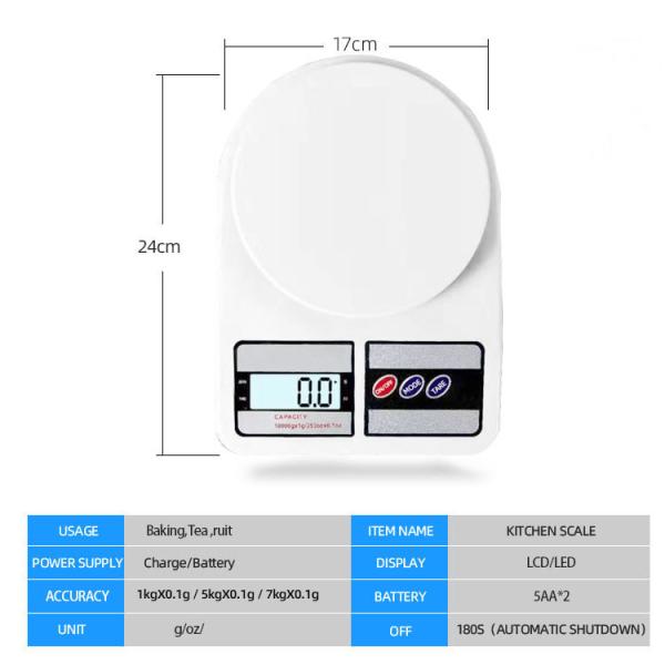 Échelle de cuisine numérique en plastique SF400 haute précision avec une capacité de 2 kg 5 kg 10 kg et une division de 0,1 g 1 g
