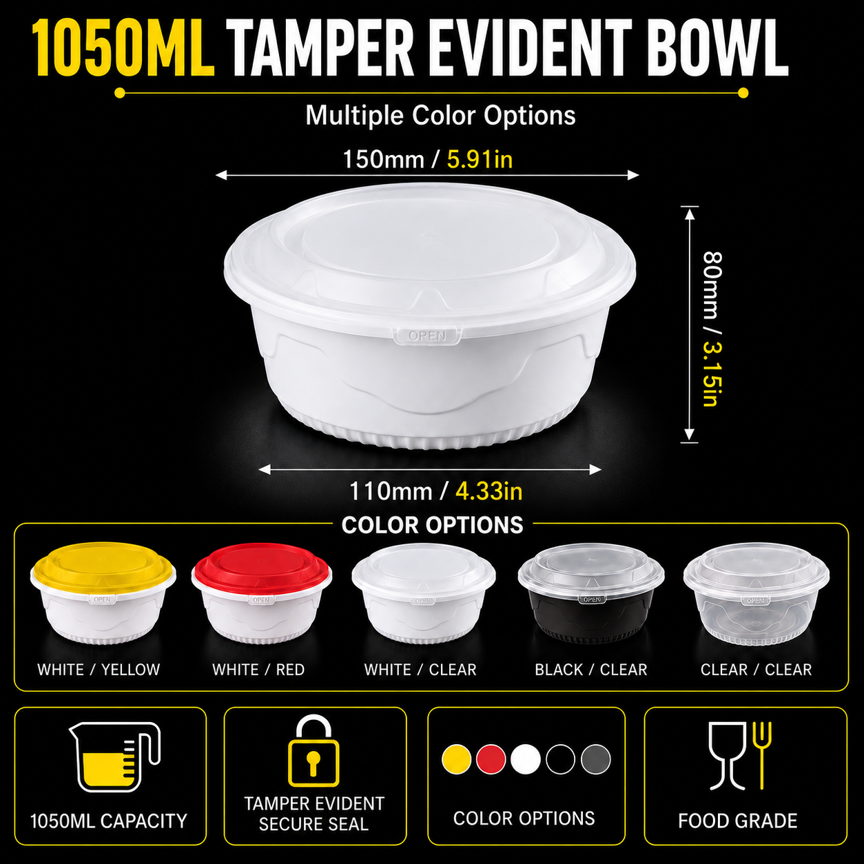 1050ml Large PP Takeaway Meal Snap Lock Bowls with Tamper Evident Secure Lid