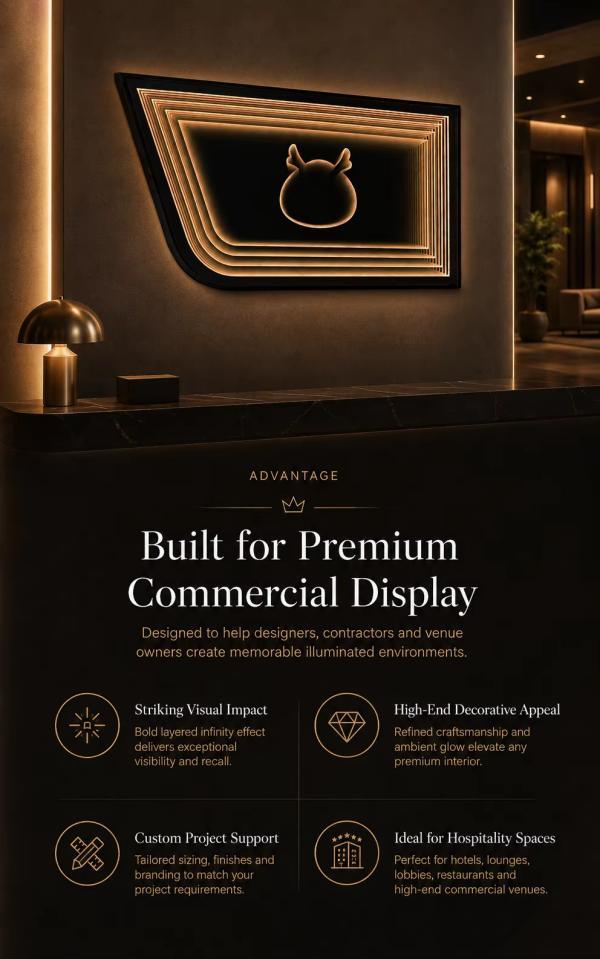 Kingstin Custom Black Metal Infinity LED Mirror Wall Art for Hotel Lobbies, Clubs & Lounges, 8+ Years OEM Project Support