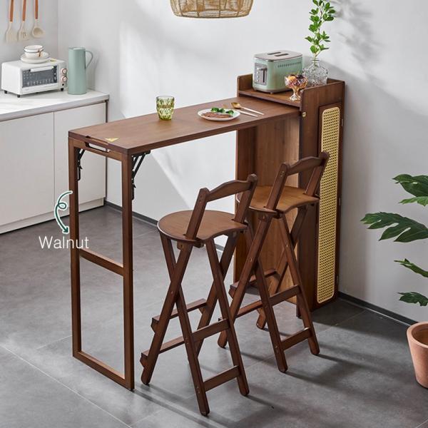 Bar Dining Table and Chair Set, Cabinet with Folding Platform Space-Saving Small Side Eating Stand in Kitchen