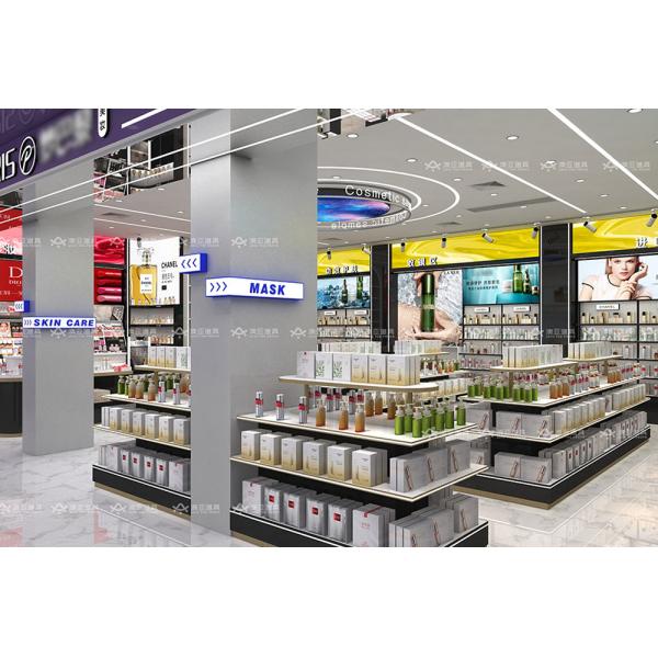 Diseño de tienda de cosméticos, estantería negra y dorada para perfumes, muebles de exhibición minorista, diseño de tienda que ahorra espacio