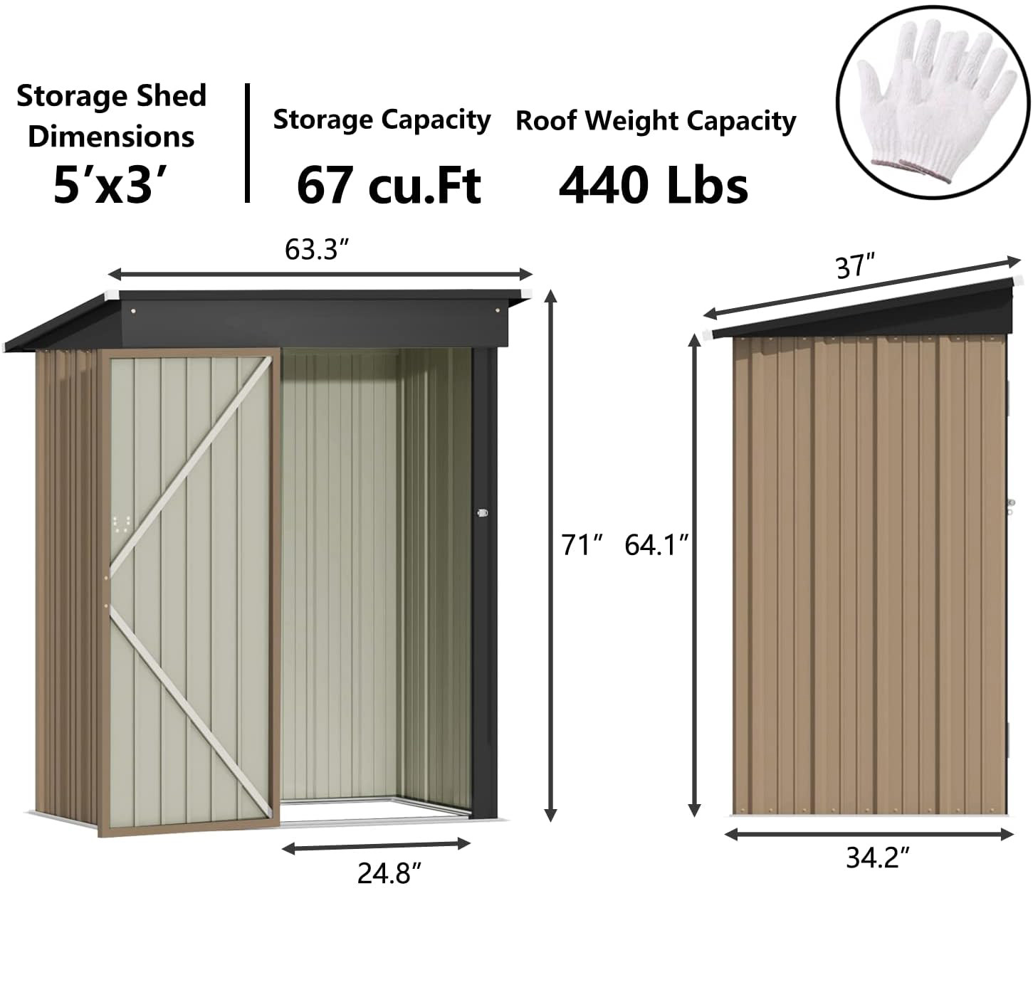AJUNION Modern Design 5x3ft Metal Garden Shed Single Lockable Doors 61.2 Doors Height