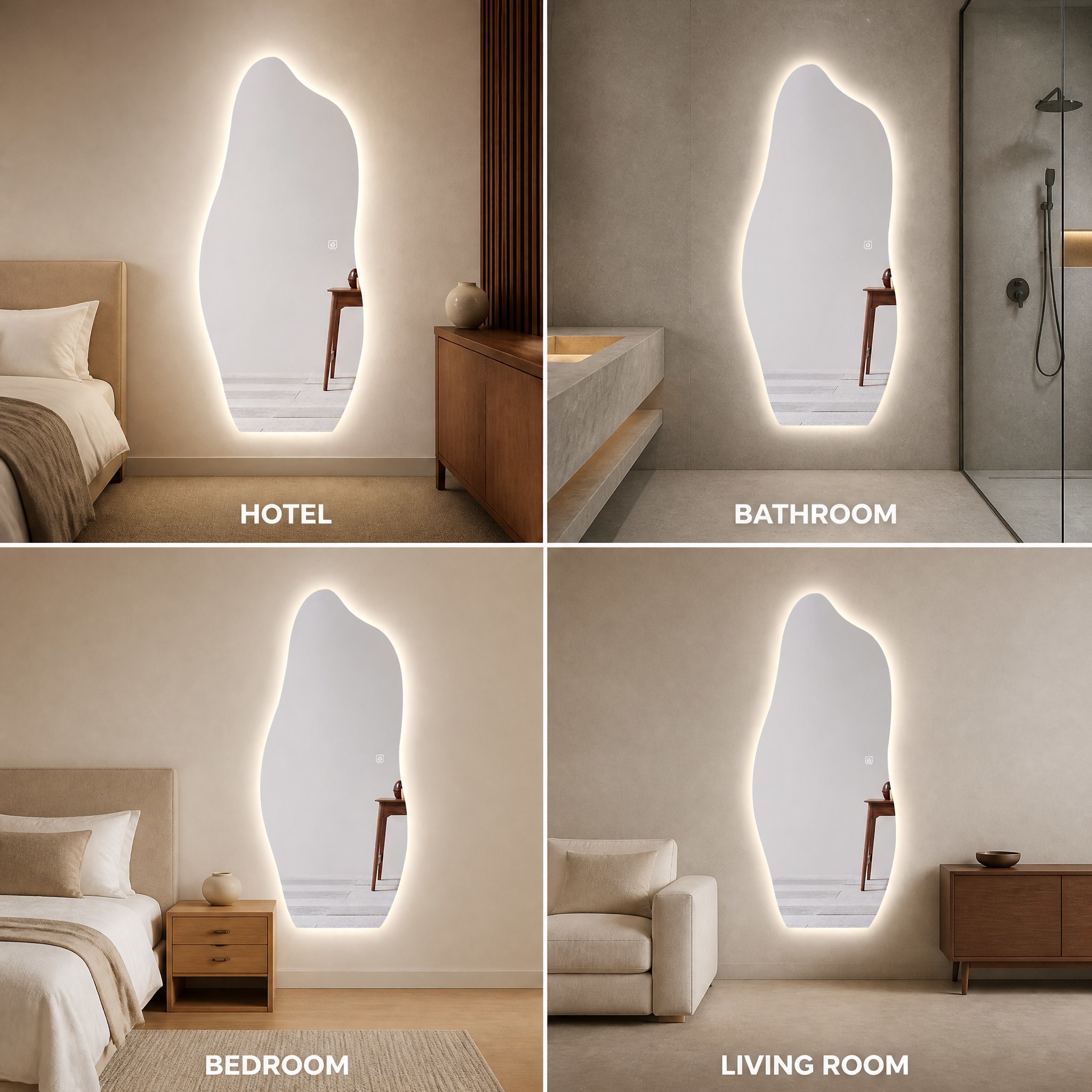 Asymmetrical Shaped LED Backlit Mirror with Touch Sensor Switch and 3000K-6000K Light Color in 5MM Copper-free Silver Mirror