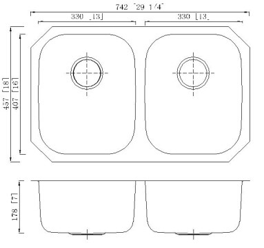 Кухонная раковина шара 29 дюймов двойная с углами 15 Мм изогнутыми радиусом