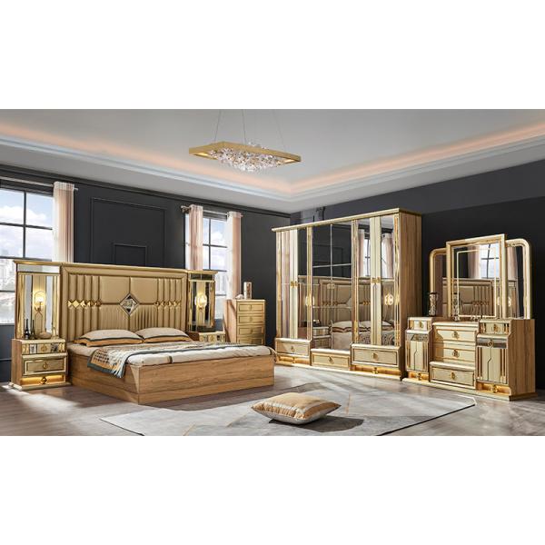 Wooden Modern Gold King Size Bed Double Master Room Villa Home Royal Full Queen Wood Luxury Bedroom Furniture Set