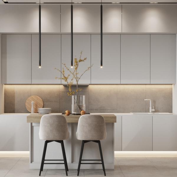 Creamy White Matte Lacquer Kitchen Cabinet And Marble Top