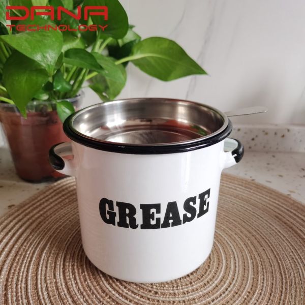 900ml Handmade Enamel Grease Container With Stainless Steel Strainer And Handle