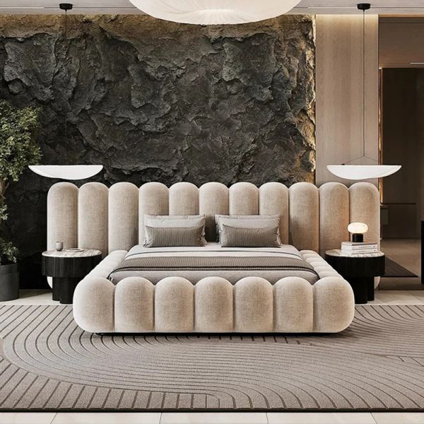 MOYI Designer Bedroom Bed Upholstered Double Minimalist Fabric Bed Queen Size Bed Frame Modern BED