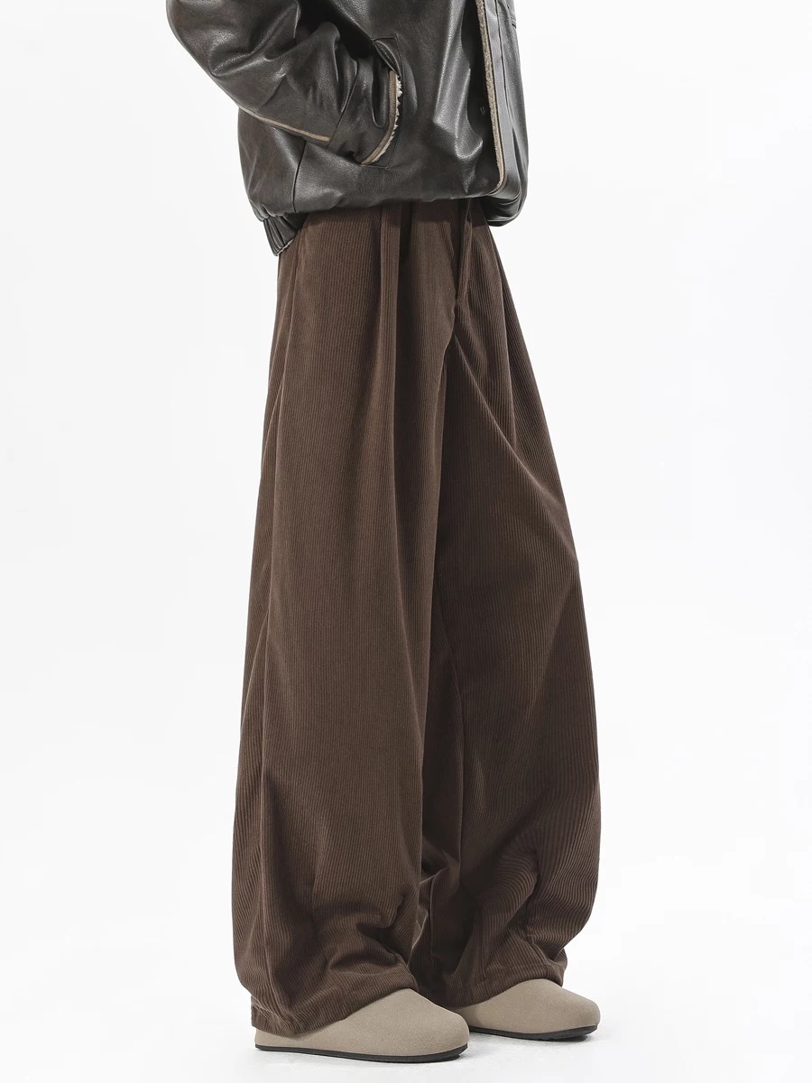 Men's Corduroy Pants with Vertical Ribbed Texture, Front Pleats, and Structured Waistband for a Relaxed Wide-Leg Silhouette