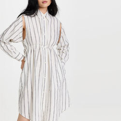                  Ladies Collared Neck Dresses Long Sleeve Side Pocket Cotton Striped Print Shirt Dress for Women             