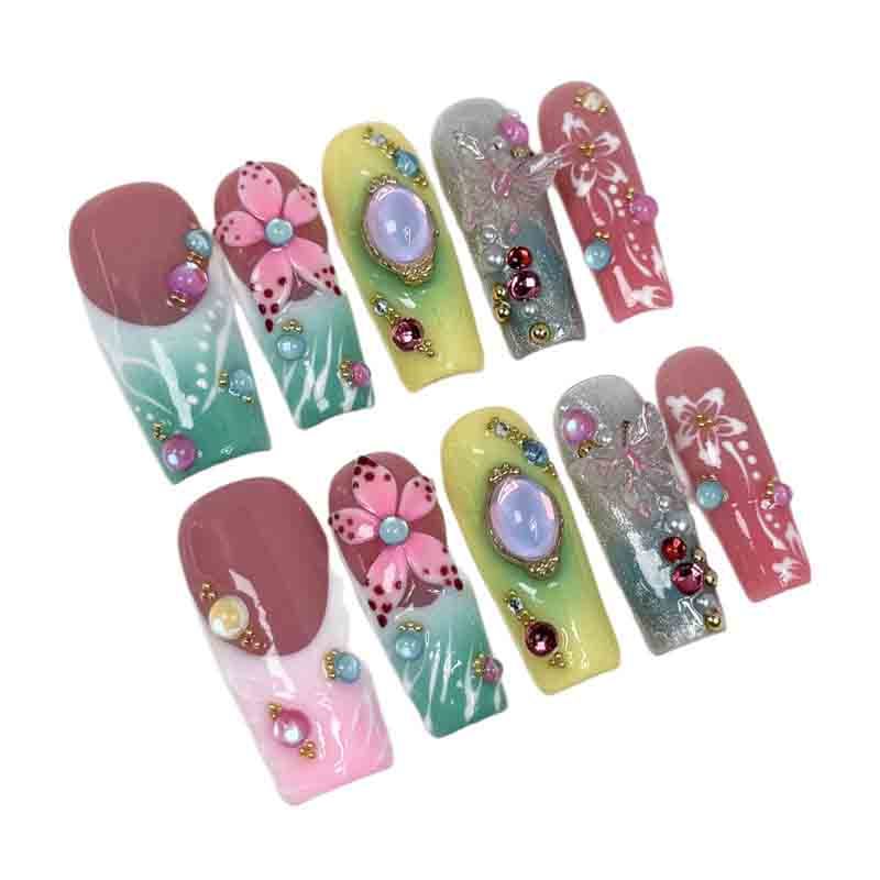 Reusable Summer Handmade Press On Nails Long Square Tropical Rainbow Flower Design