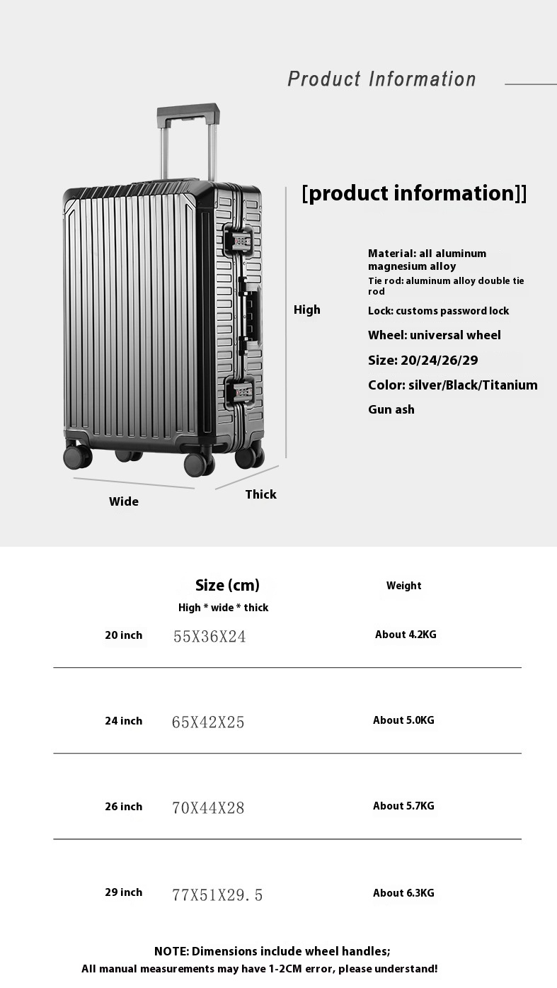 All-Aluminum Magnesium Alloy Travel Suitcase Unisex Fashionable Universal Wheel Boarding Luggage Men's Women's Metal Trolley for