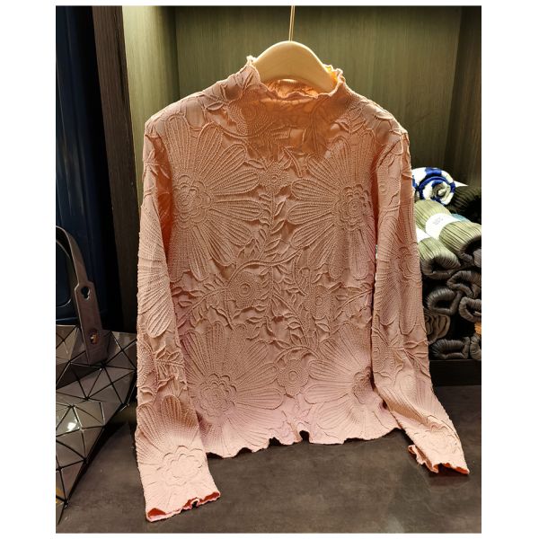 Japanese Pleated Stand Collar Long Sleeve T-shirt Top Printed Pleated Embodying Pleated Process Makes Flower Fashionable