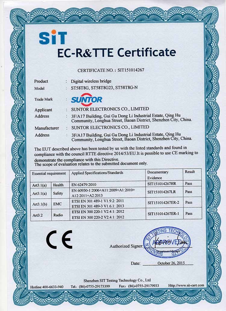 Shenzhen Suntor Technology Co., Ltd. Сертификации