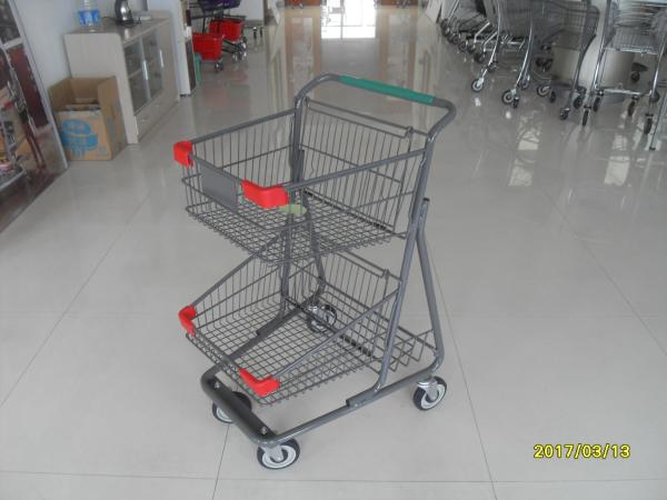 Two Layer Basket Wire 4 Wheel Shopping Trolley / Cart With Color Poweder Coating