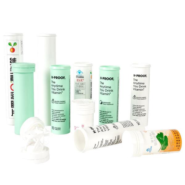 OEM Efervescente Tablet Container Branco Impressão Direita Custom Tube com Cap Desicante