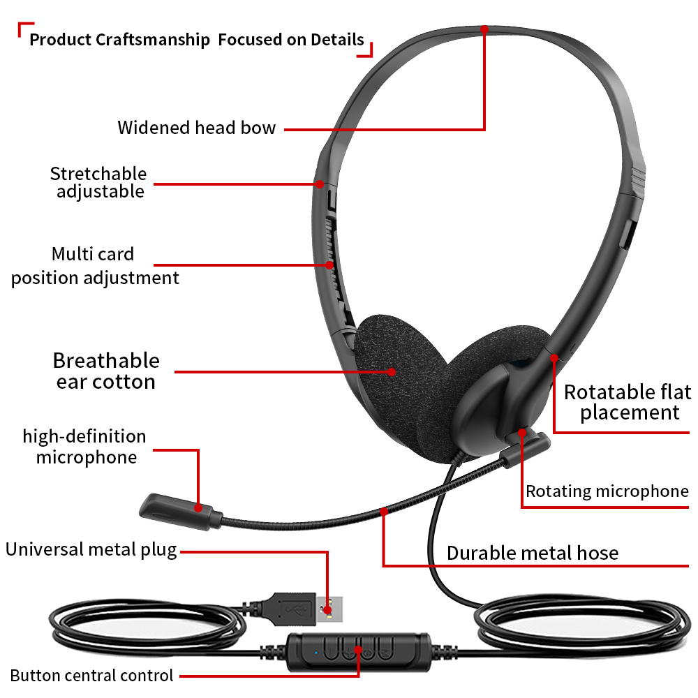 Lightweight wired telephone headset with ENC noise‑cancelling flexible boom microphone. Supports USB, Type‑C & 3.5mm jack, perfect for call centers, remote work, online meetings and classes，OEM & ODM